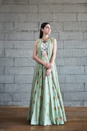 Sparkling Chinon Embroidered Sea Green Readymade Designer Gown