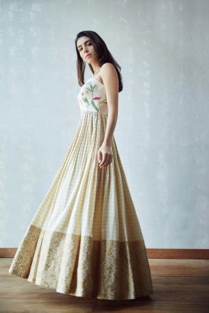 Lowest Price | $52 - $64 - Grey Banarasi Silk Indian Gown and Grey Banarasi  Silk Designer Gown Online Shopping
