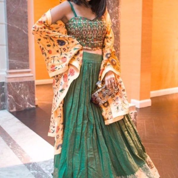 Dark Green Lehenga with a Floral Duppata
