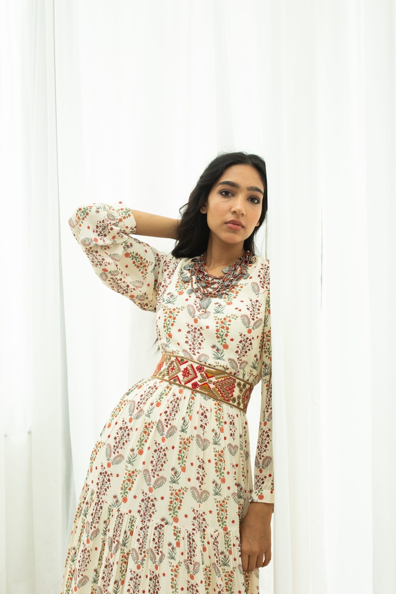 Off White Printed Maxi With a Hand Embroidered Belt – Label Anushree