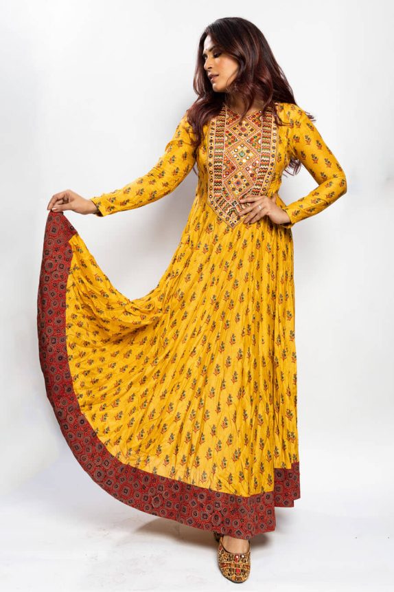 Mustard Abstract Printed Muslin Long Kurta