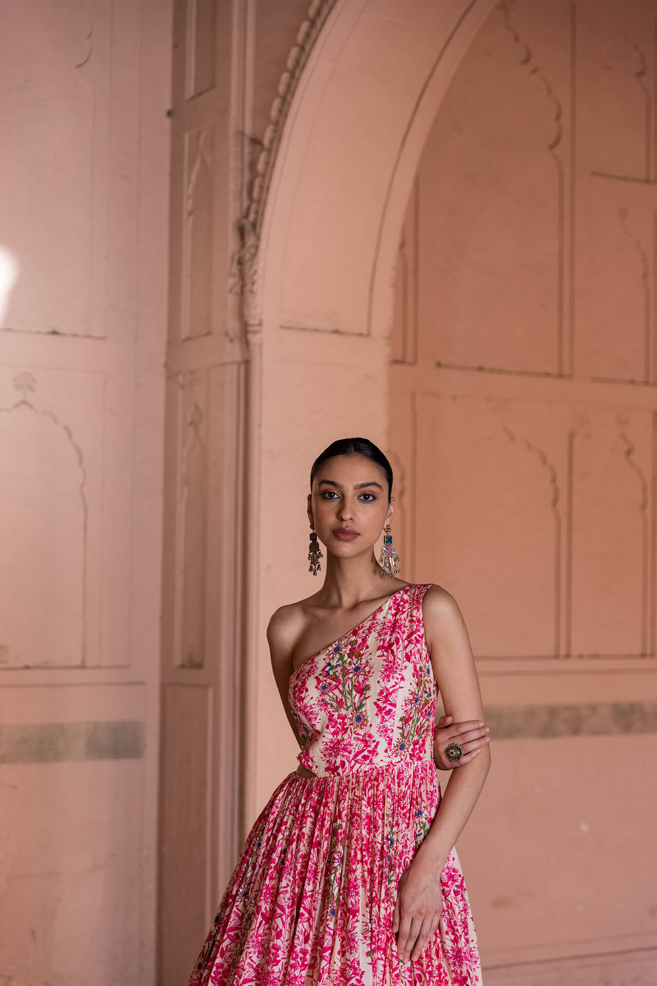 Light Pink Dola Silk Gown With Rich Designer Print South Indian Gown in  USA, UK, Malaysia, South Africa, Dubai, Singapore