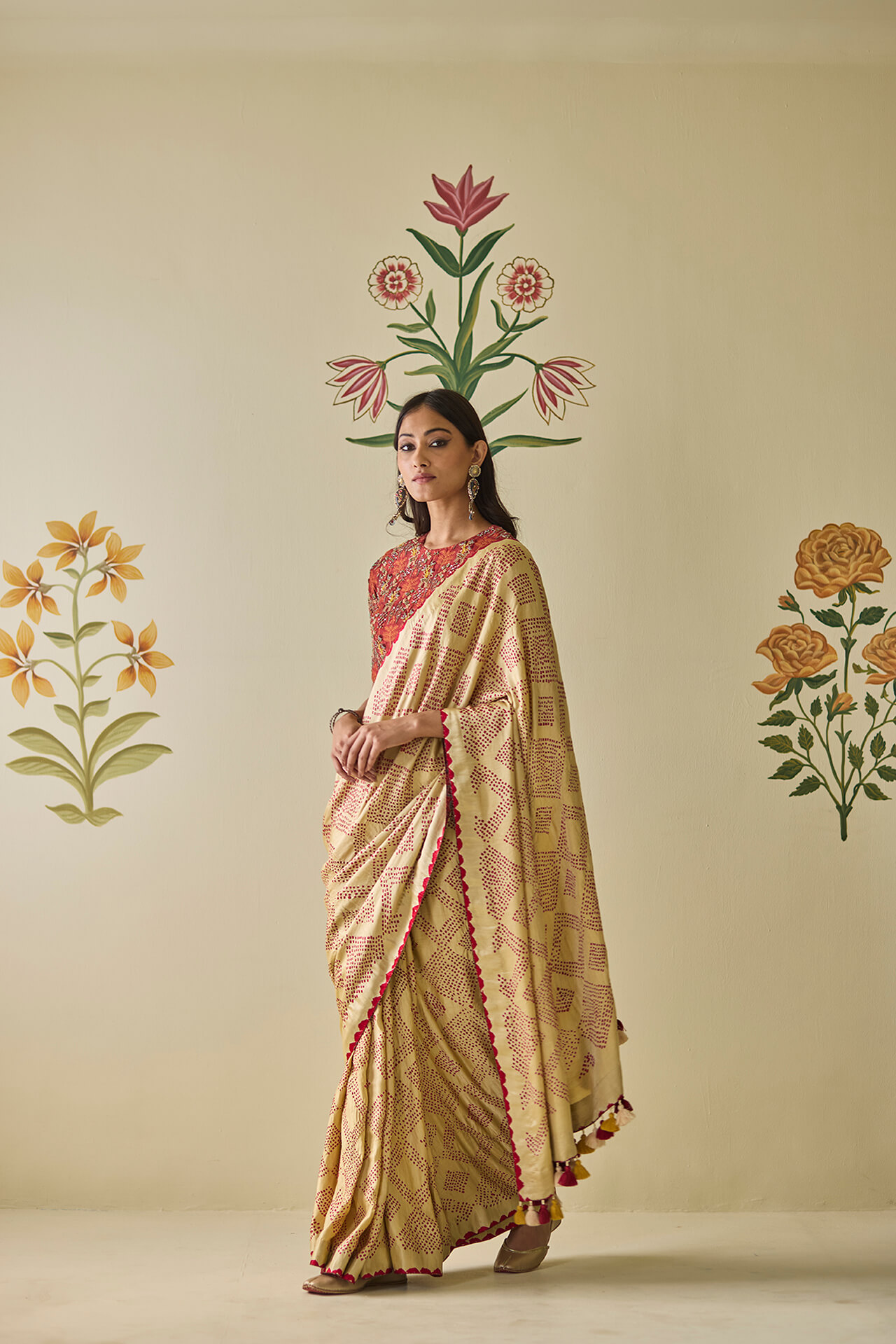Cream & Red Bandhani Saree