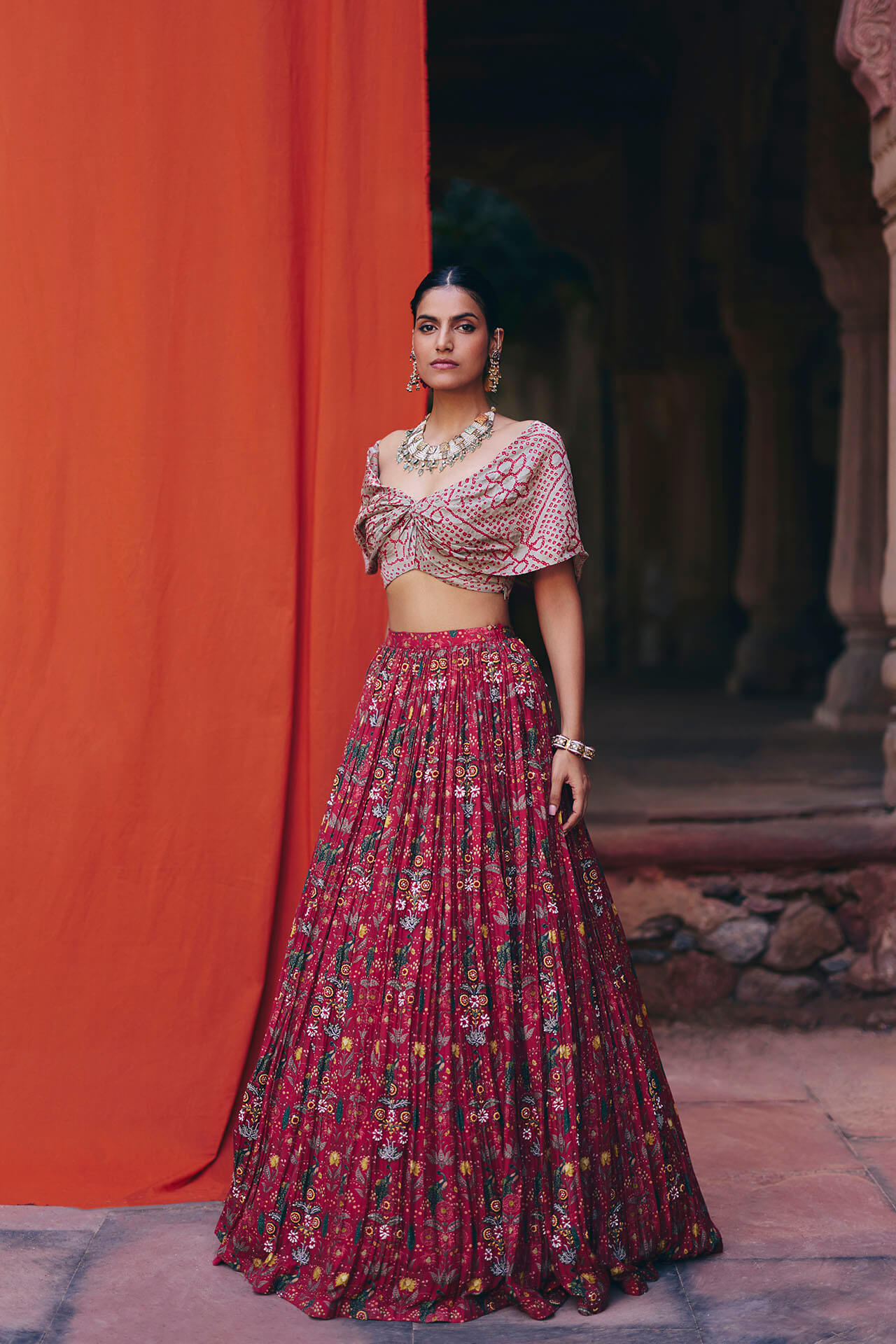 Bandhani off shoulder lehenga