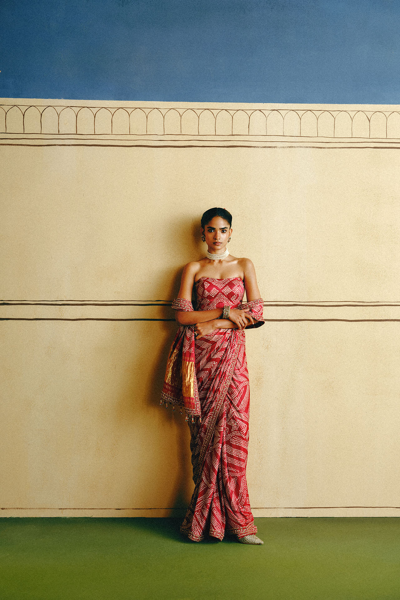 Red Bandhani Corset Saree